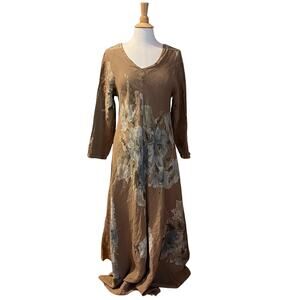 Faleria Tan Blue Floral Linen V-neck Long Sleeve Maxi Dress, Lagenlook, L